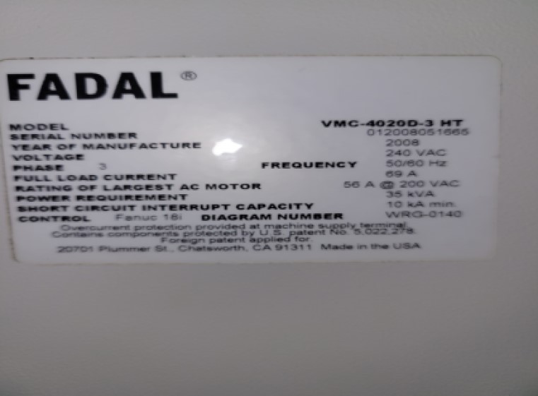 2008 FADAL 4020 HT VMC, 40 X, 20 Y, 20 Z,10,000 rpm